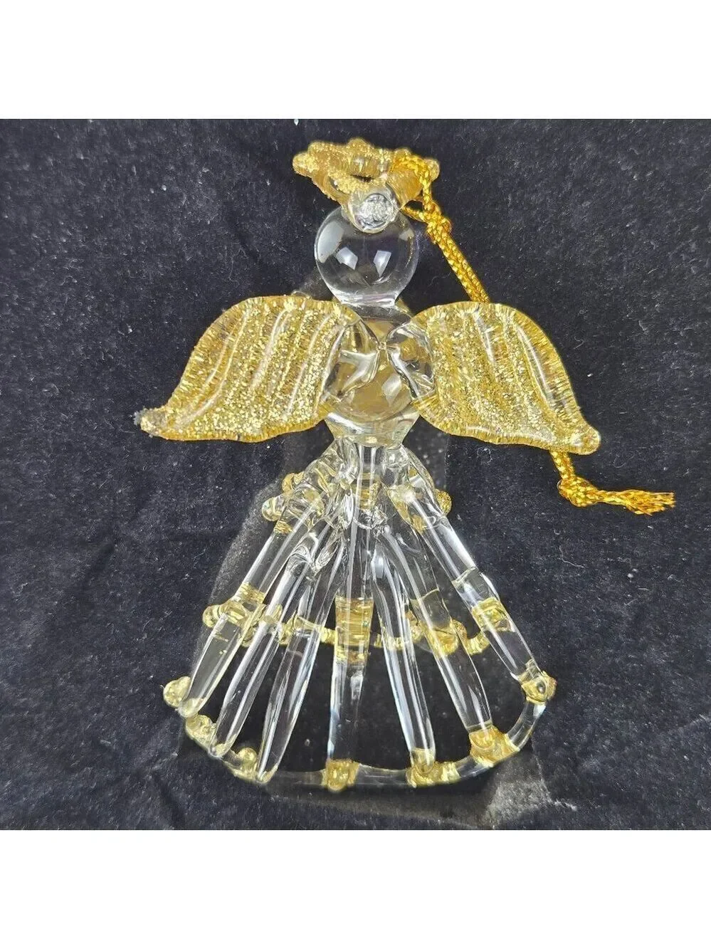 Vintage Spun Glass Angel Ornament Gold Glitter Accents Hanger In Original Box